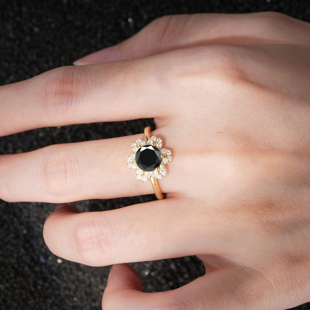 Round Cut Black Onyx Floral Cluster Halo Engagement Ring - Additional view