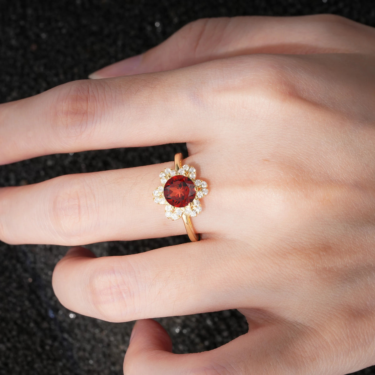 Round Cut Garnet Floral Cluster Halo Engagement Ring - Additional view