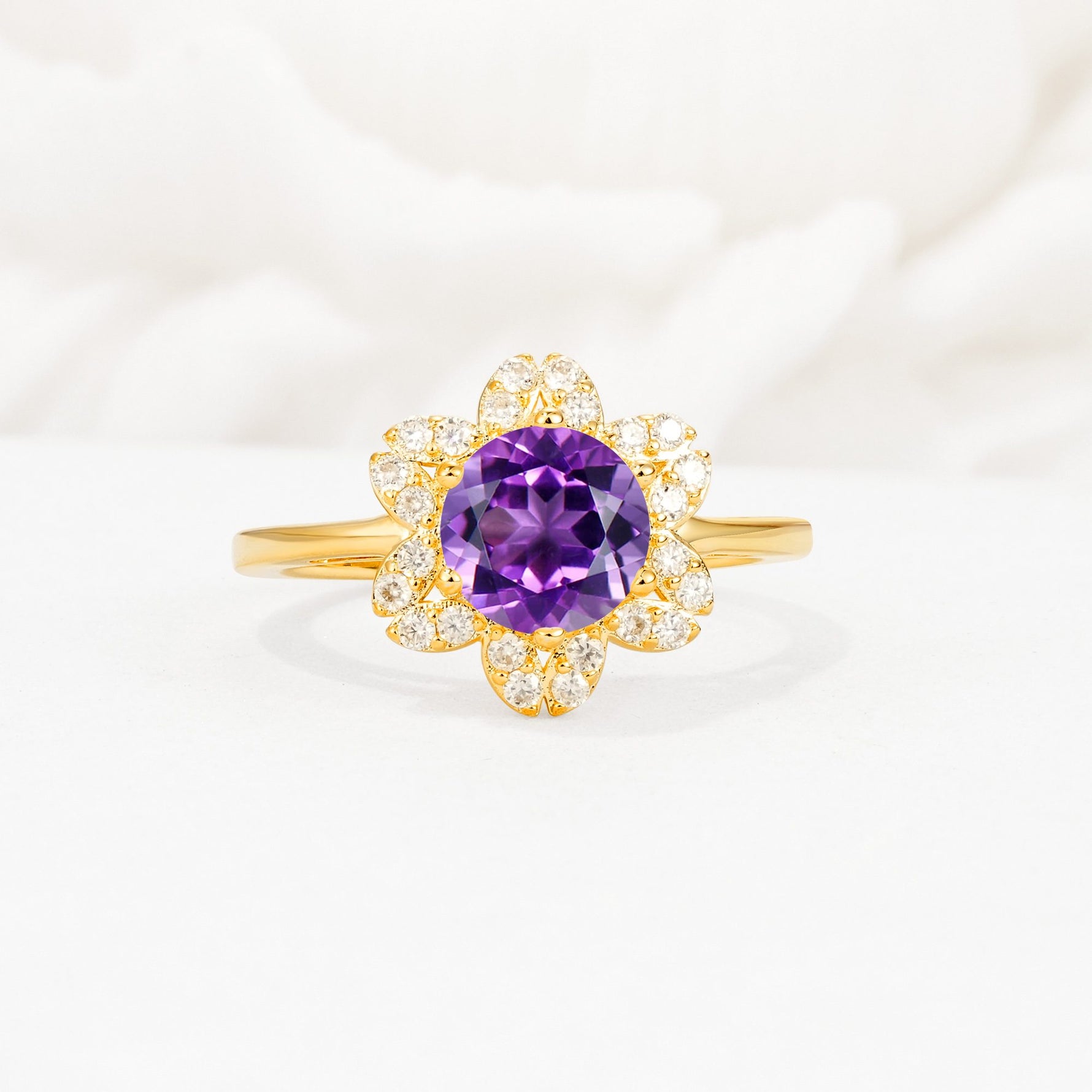 Round Cut Amethyst Floral Cluster Halo Engagement Ring - Additional view