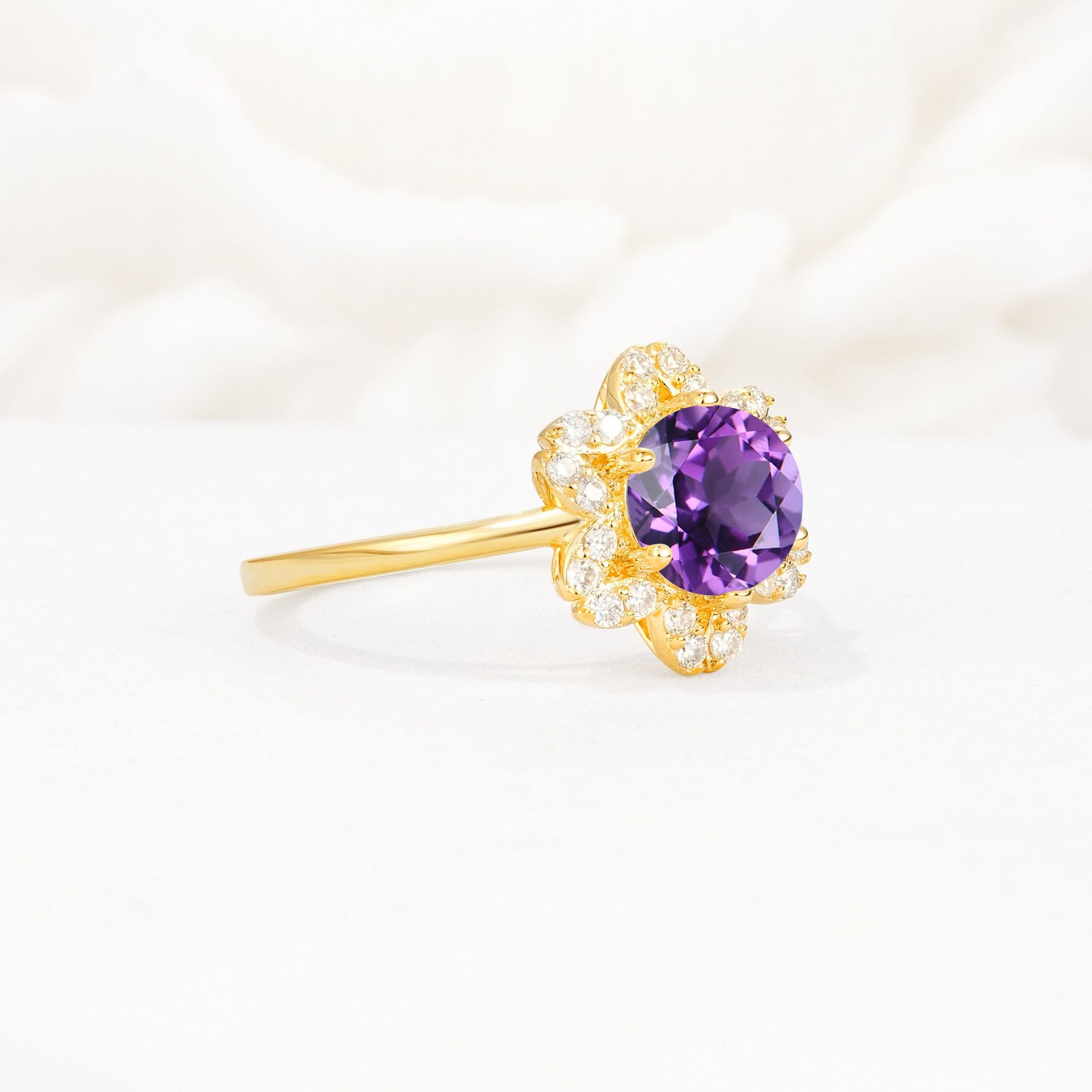 Round Cut Amethyst Floral Cluster Halo Engagement Ring - Additional view
