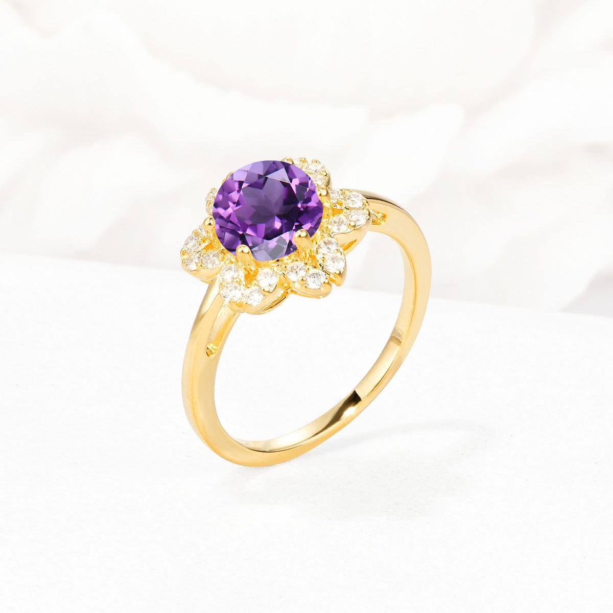 Round Cut Amethyst Floral Cluster Halo Engagement Ring - Additional view