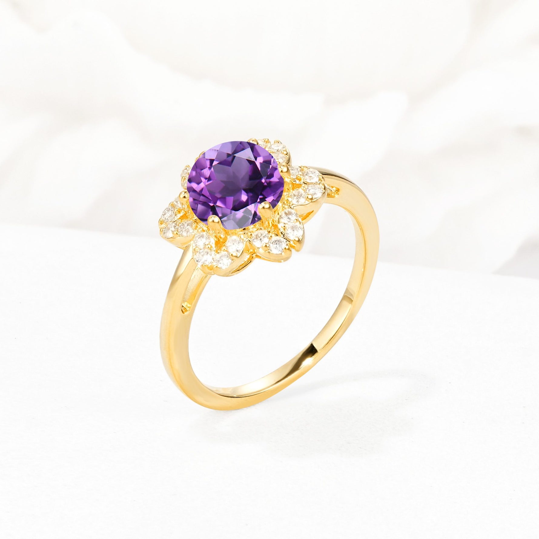 Round Cut Amethyst Floral Cluster Halo Engagement Ring - Additional view