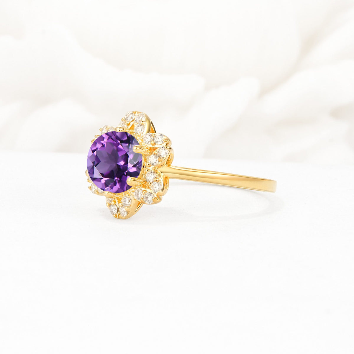 Round Cut Amethyst Floral Cluster Halo Engagement Ring - Additional view
