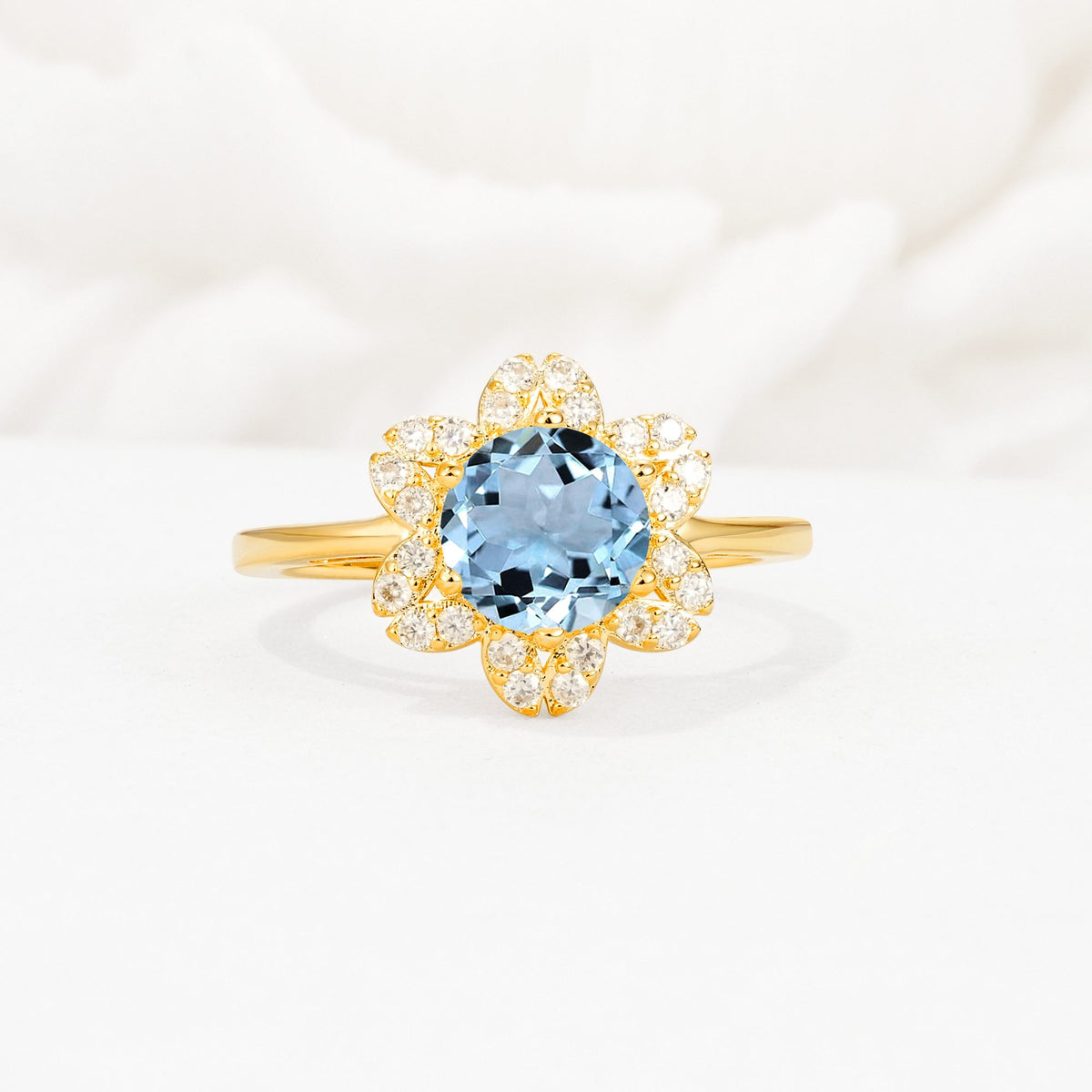 Round Cut Aquamarine Floral Cluster Halo Engagement Ring - Additional view