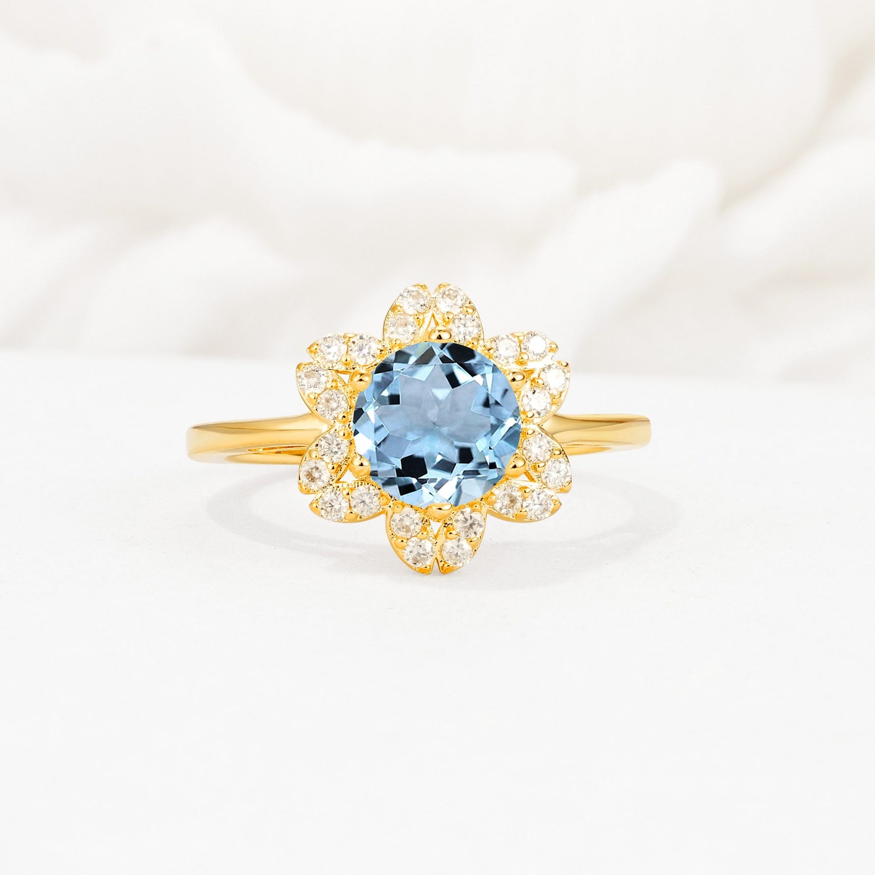 Round Cut Aquamarine Floral Cluster Halo Engagement Ring - Additional view