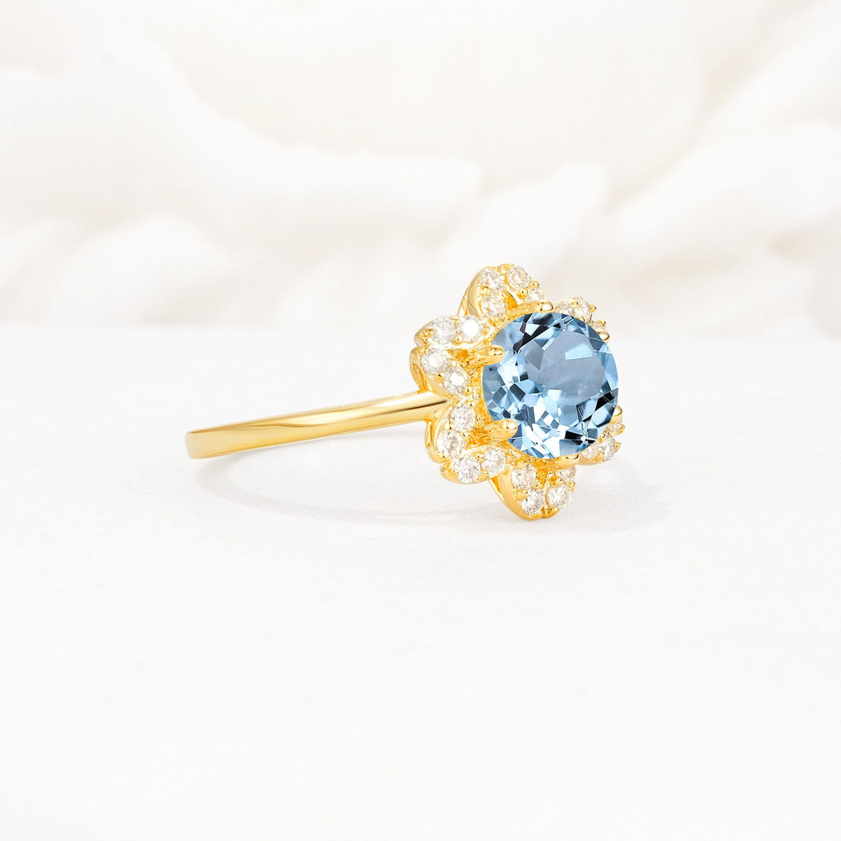 Round Cut Aquamarine Floral Cluster Halo Engagement Ring - Additional view