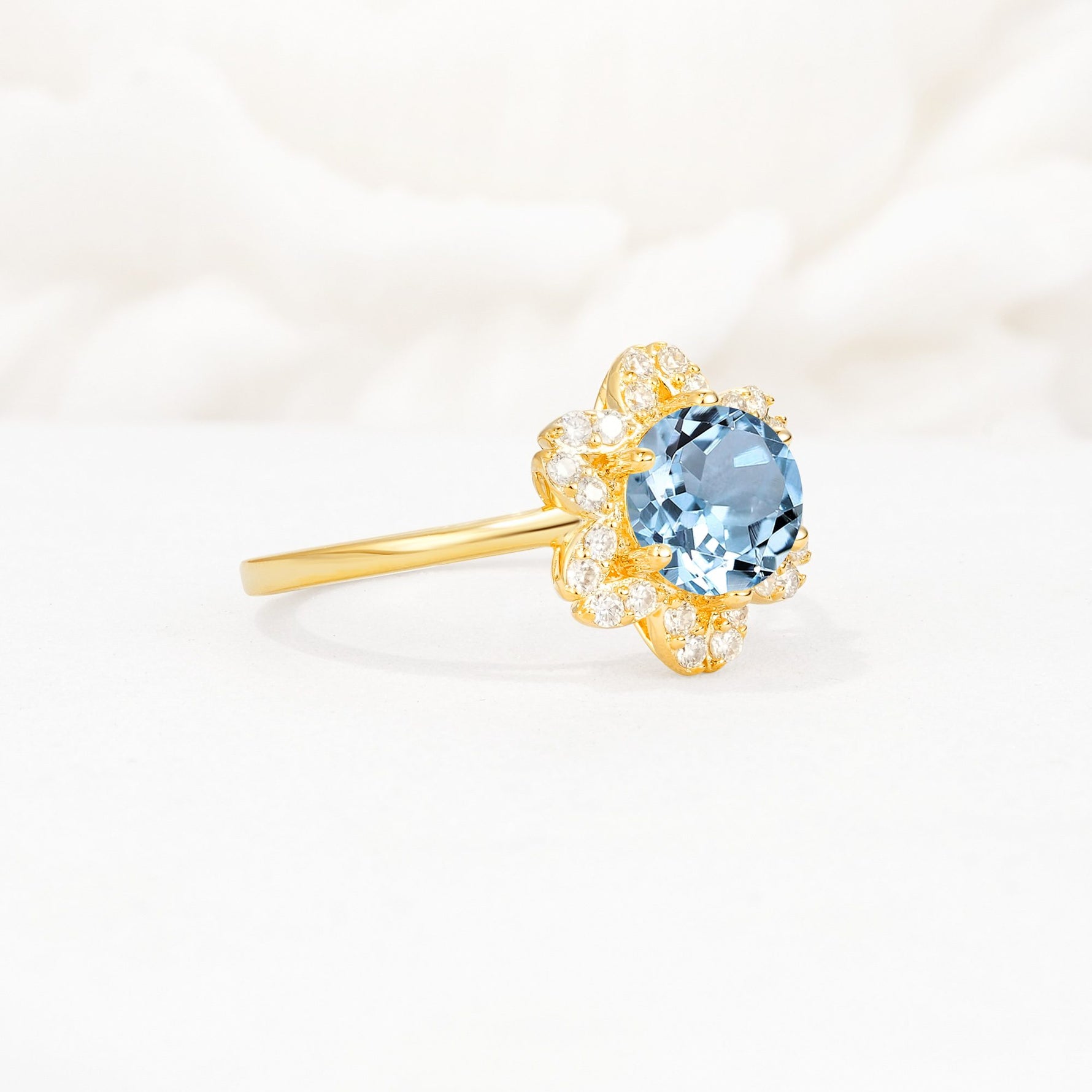 Round Cut Aquamarine Floral Cluster Halo Engagement Ring - Additional view