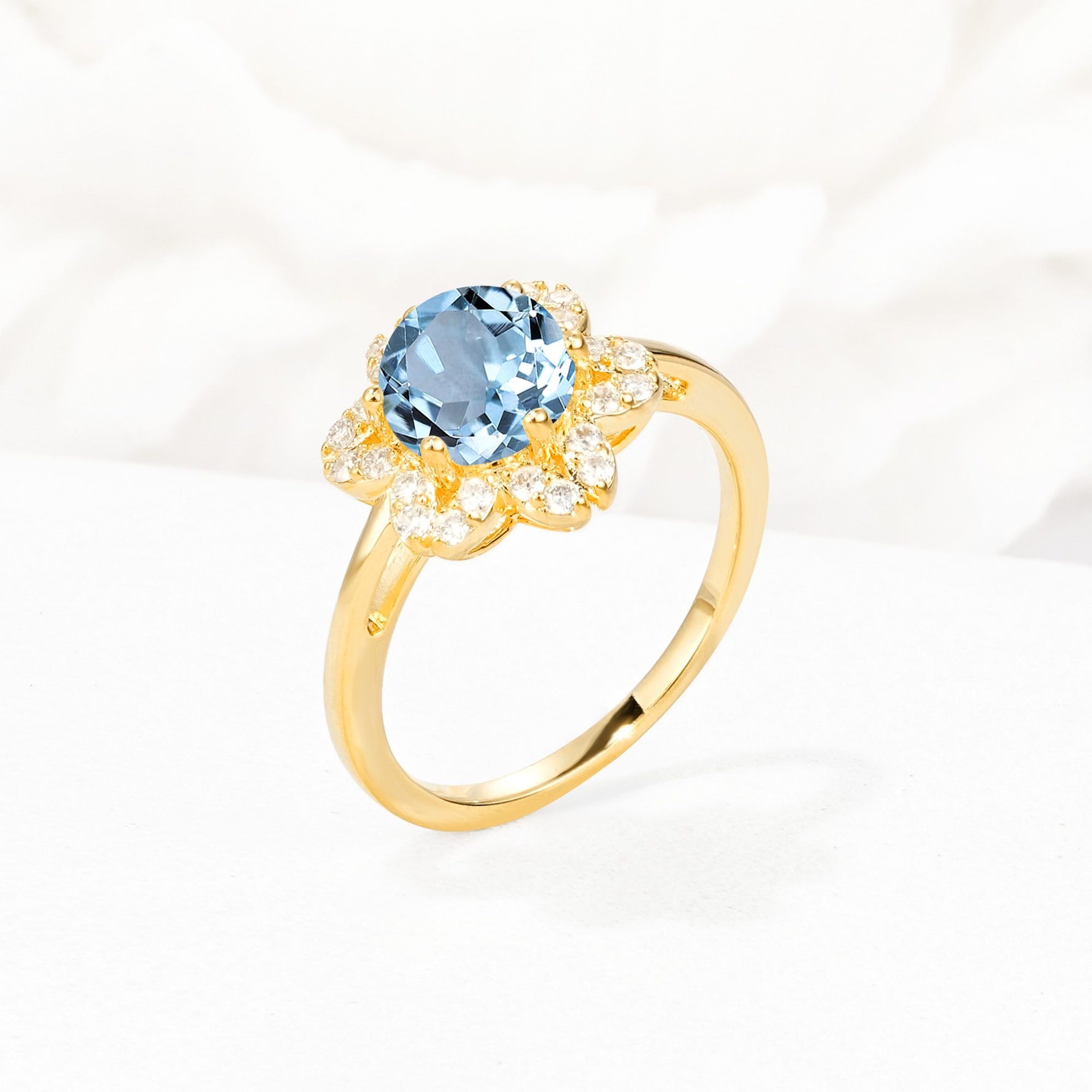 Round Cut Aquamarine Floral Cluster Halo Engagement Ring - Additional view