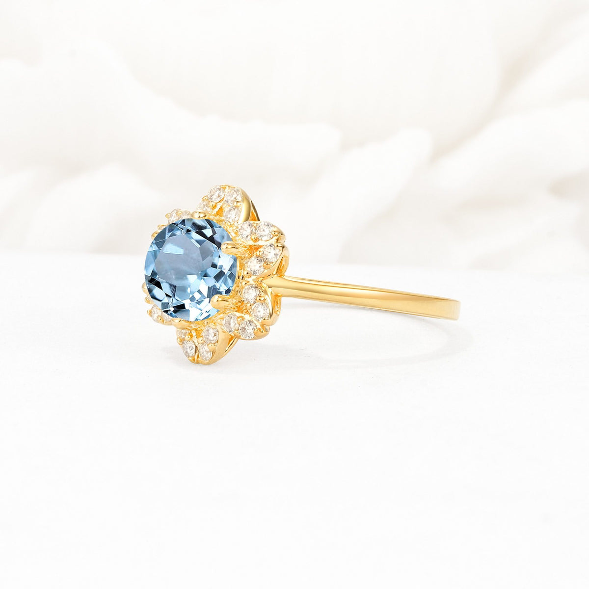 Round Cut Aquamarine Floral Cluster Halo Engagement Ring - Additional view