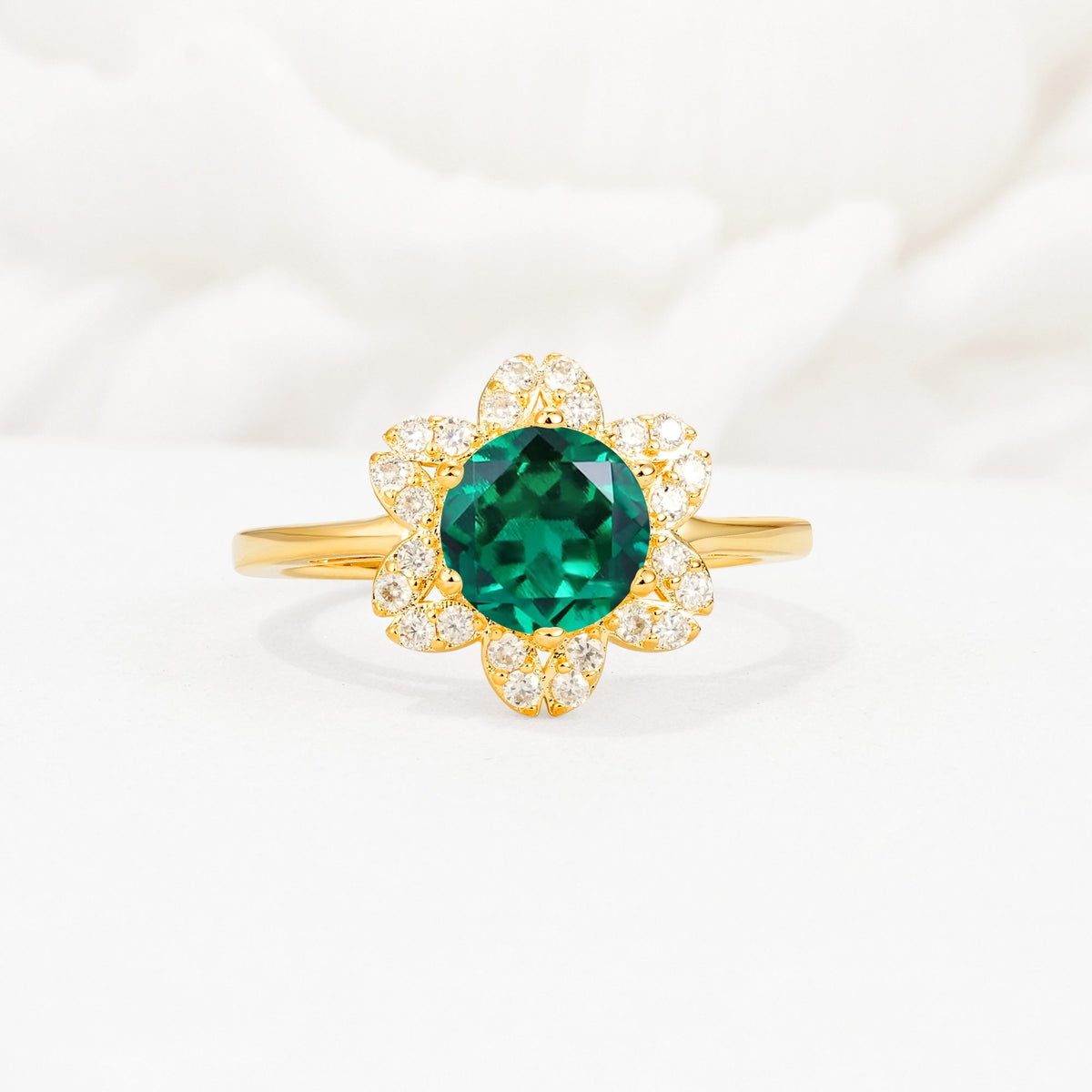Round Cut Emerald Floral Cluster Halo Engagement Ring - Additional view