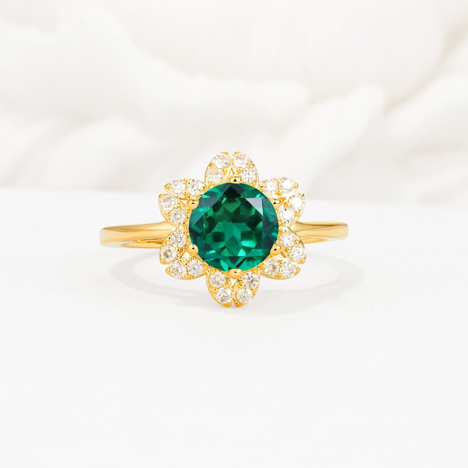 Round Cut Emerald Floral Cluster Halo Engagement Ring - Additional view