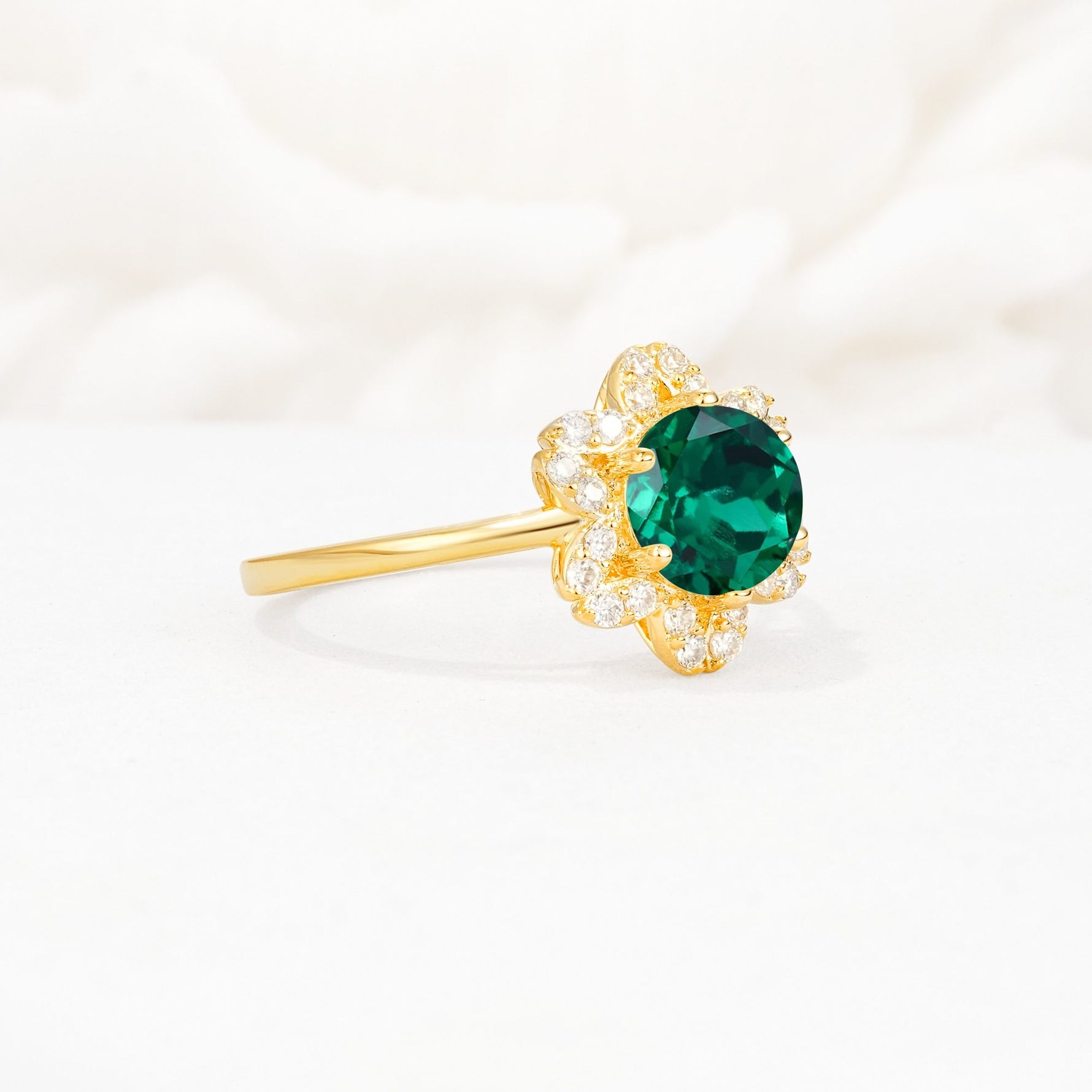 Round Cut Emerald Floral Cluster Halo Engagement Ring - Additional view