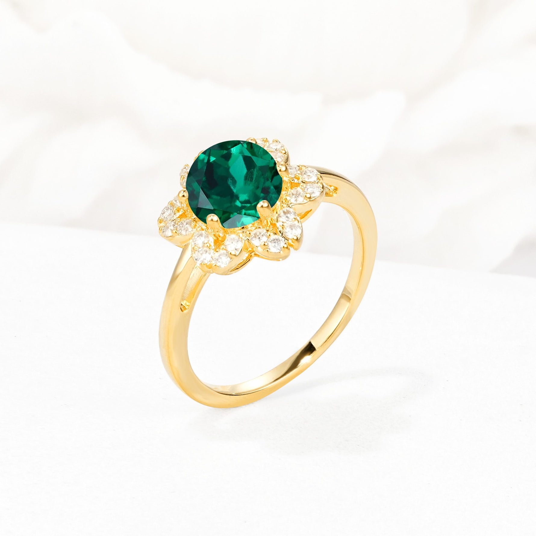 Round Cut Emerald Floral Cluster Halo Engagement Ring - Additional view