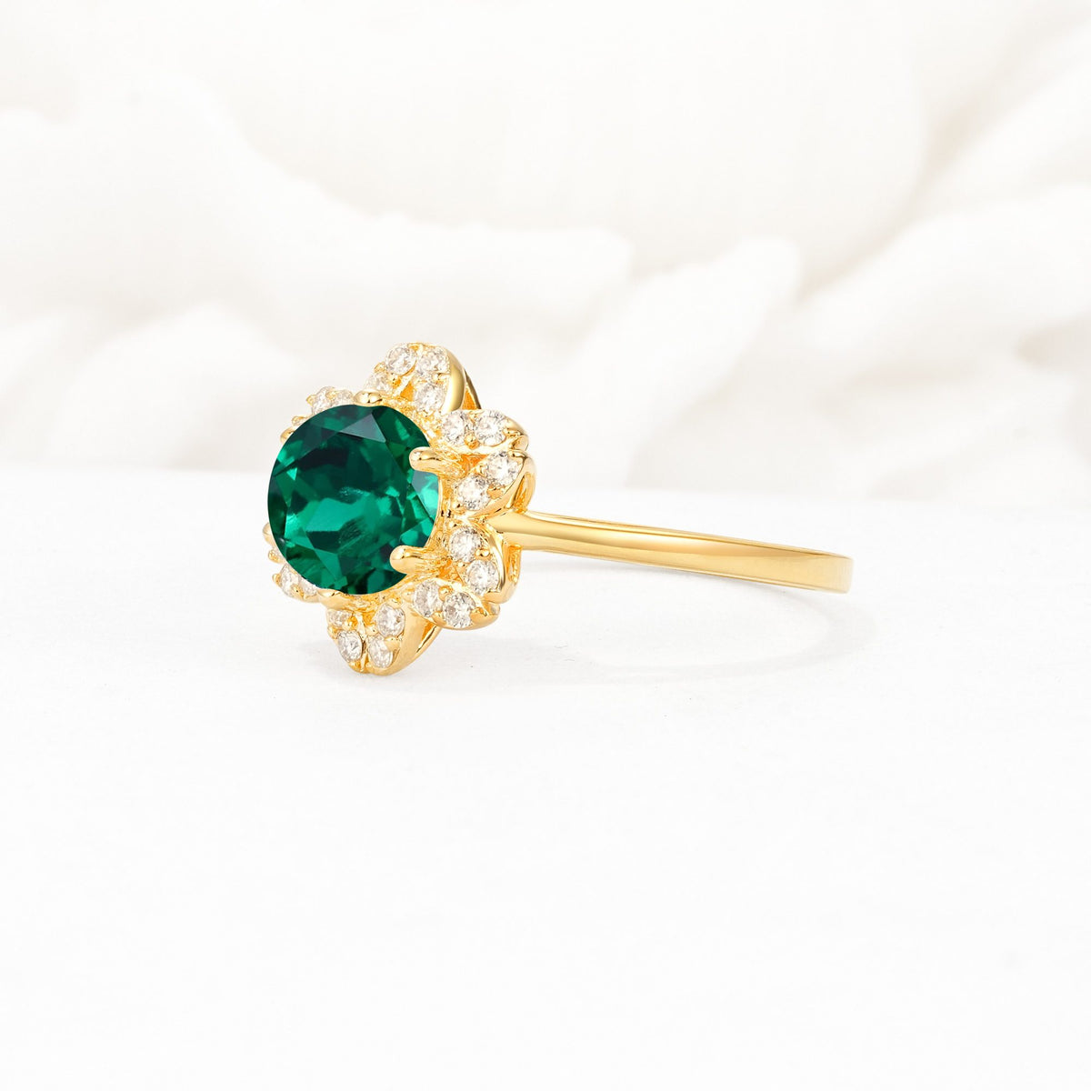 Round Cut Emerald Floral Cluster Halo Engagement Ring - Additional view