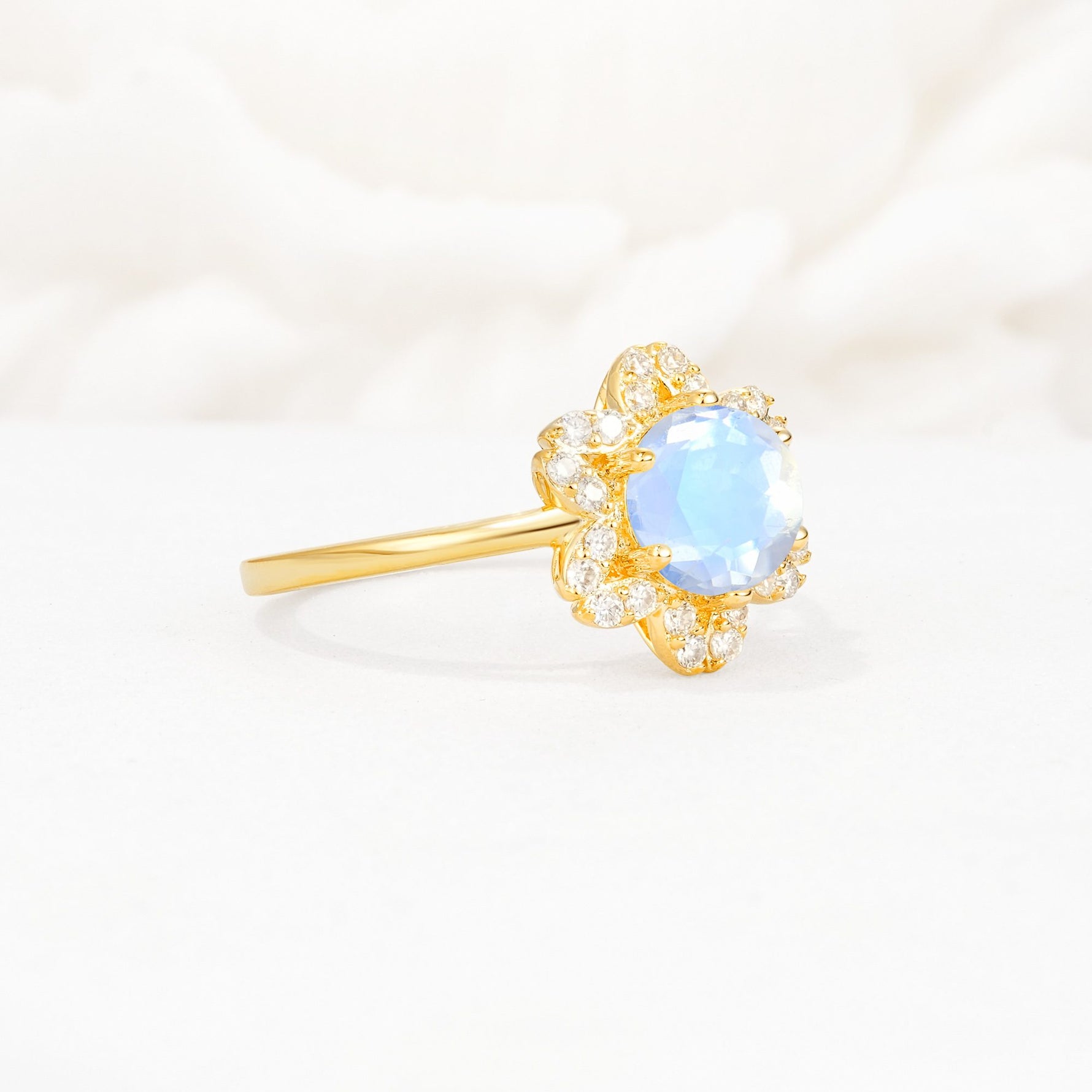 Round Cut Moonstone Floral Cluster Halo Engagement Ring - Additional view