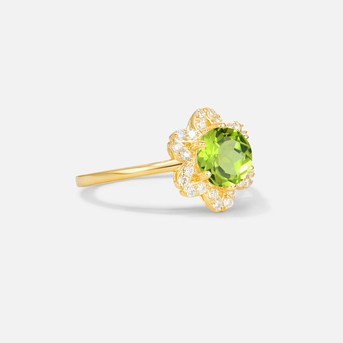 Round Cut Peridot Floral Cluster Halo Engagement Ring - Additional view