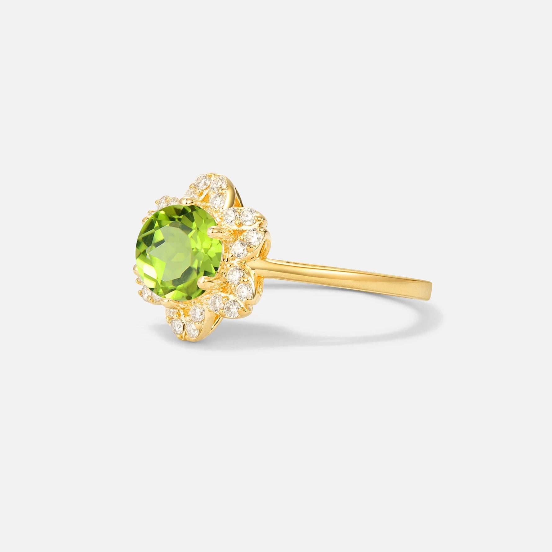 Round Cut Peridot Floral Cluster Halo Engagement Ring - Additional view