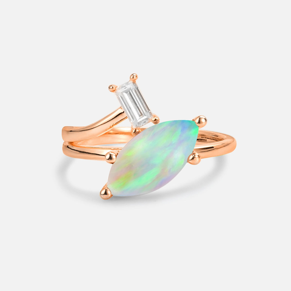 Marquise Cut Fire Opal Engagement Ring with Baguette Side Stone - Additional view