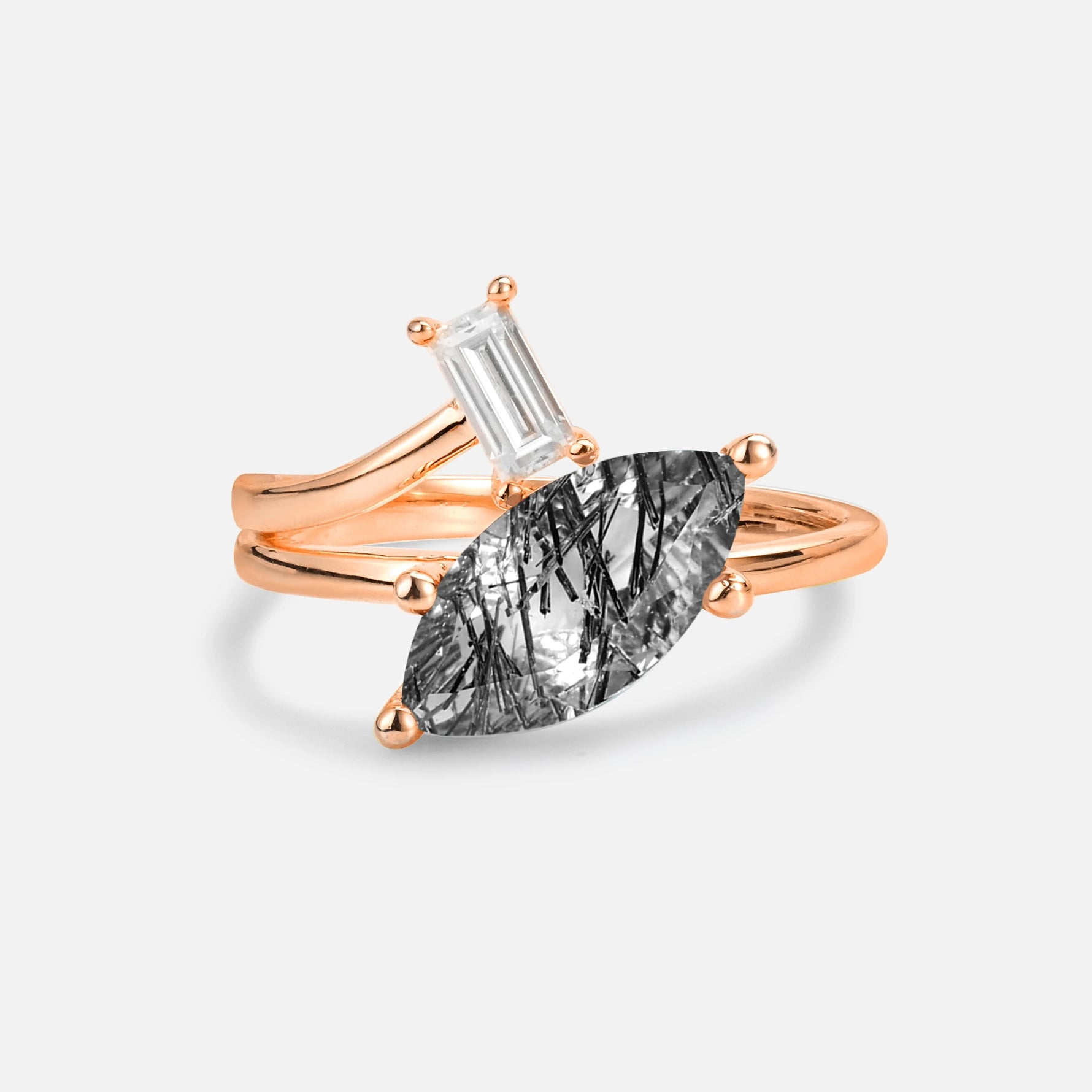 Marquise Cut Black Rutilated Quartz Engagement Ring with Baguette Side Stone - Additional view