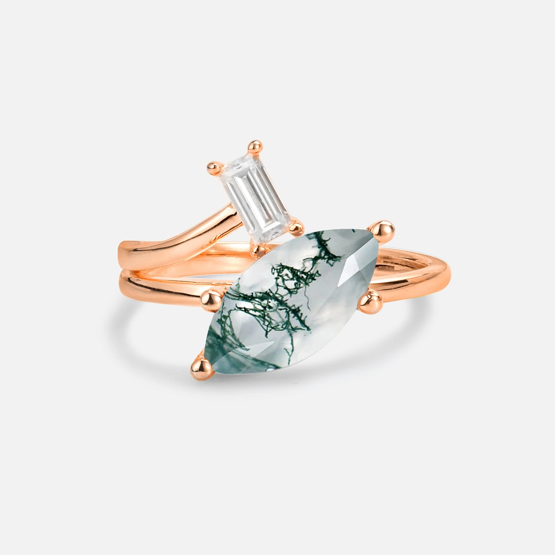 Marquise Cut Moss Agate Engagement Ring with Baguette Side Stone - Additional view