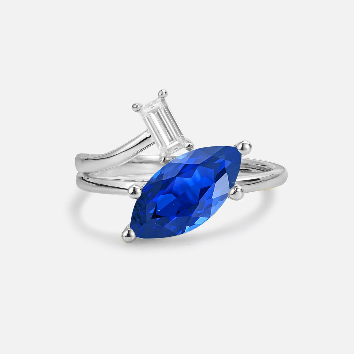 Marquise Cut Sapphire Engagement Ring with Baguette Side Stone - Additional view