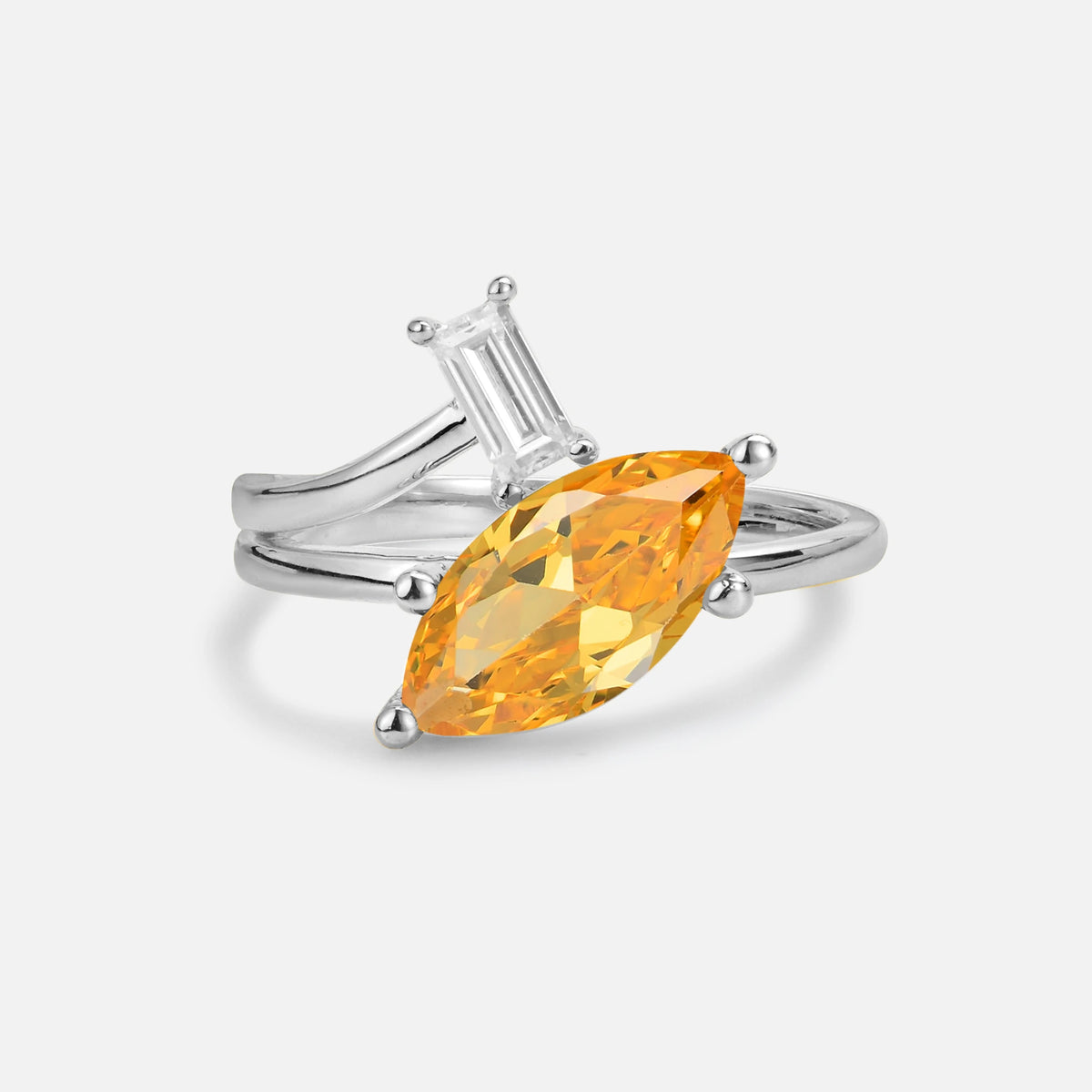 Marquise Cut Citrine Engagement Ring with Baguette Side Stone - Additional view