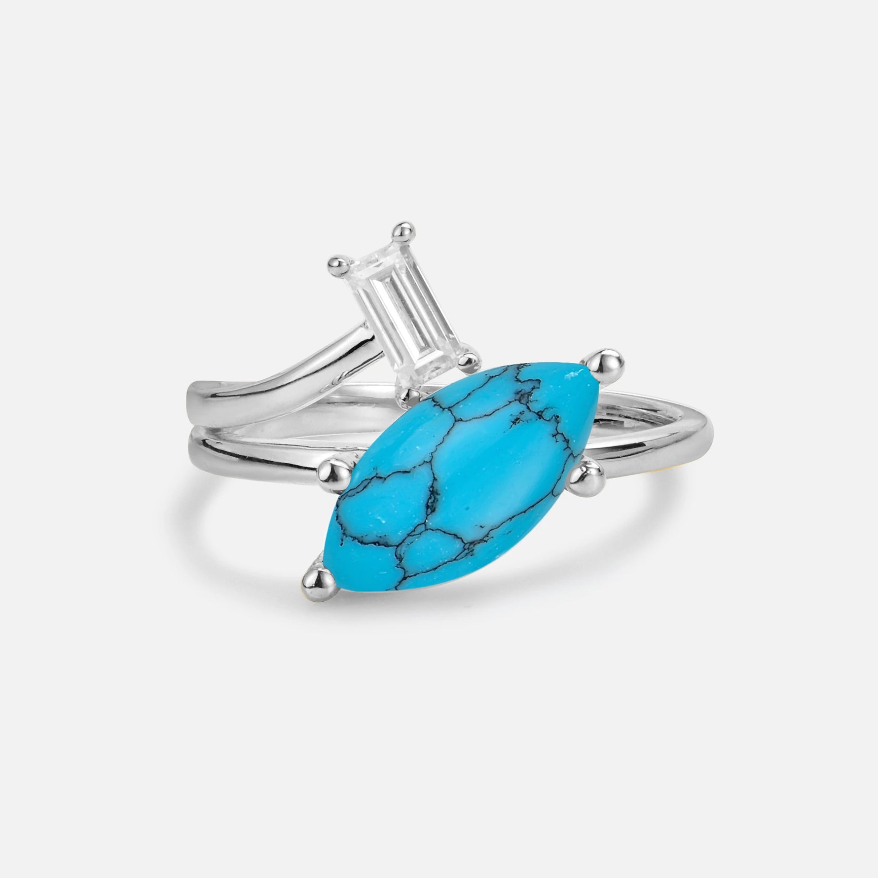 Marquise Cut Turquoise Engagement Ring with Baguette Side Stone - Additional view