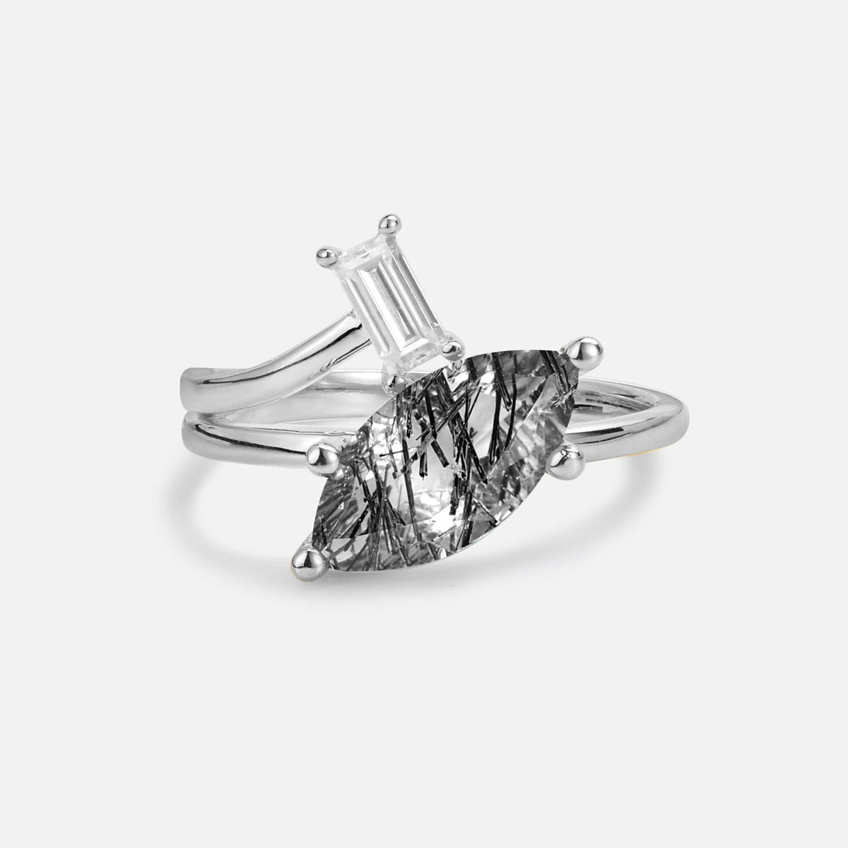 Marquise Cut Black Rutilated Quartz Engagement Ring with Baguette Side Stone - Additional view