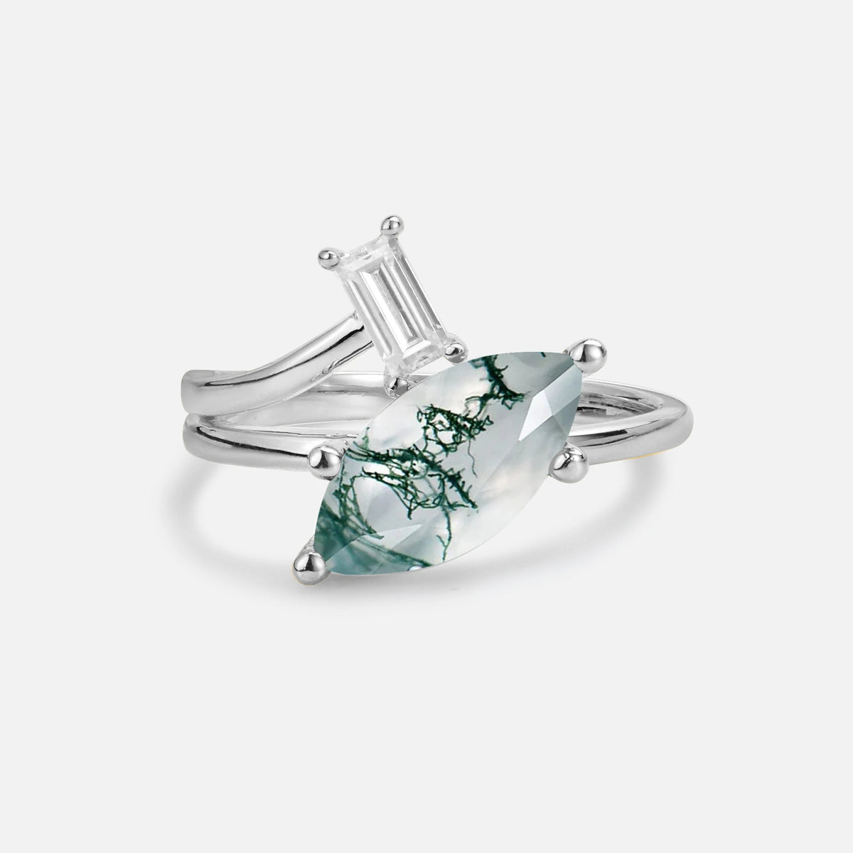 Marquise Cut Moss Agate Engagement Ring with Baguette Side Stone - Additional view