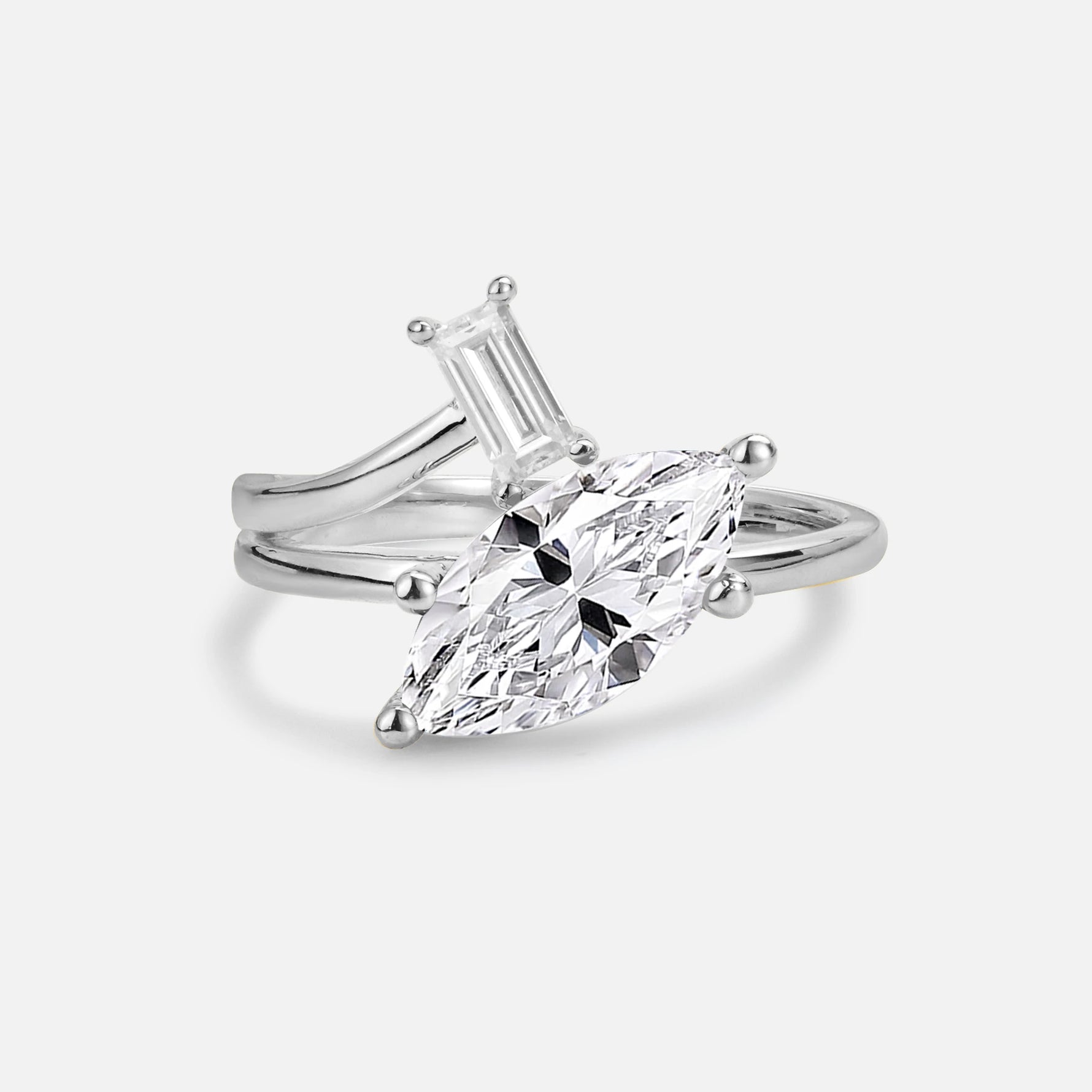 Marquise Cut Lab Diamond Engagement Ring with Baguette Side Stone - Additional view
