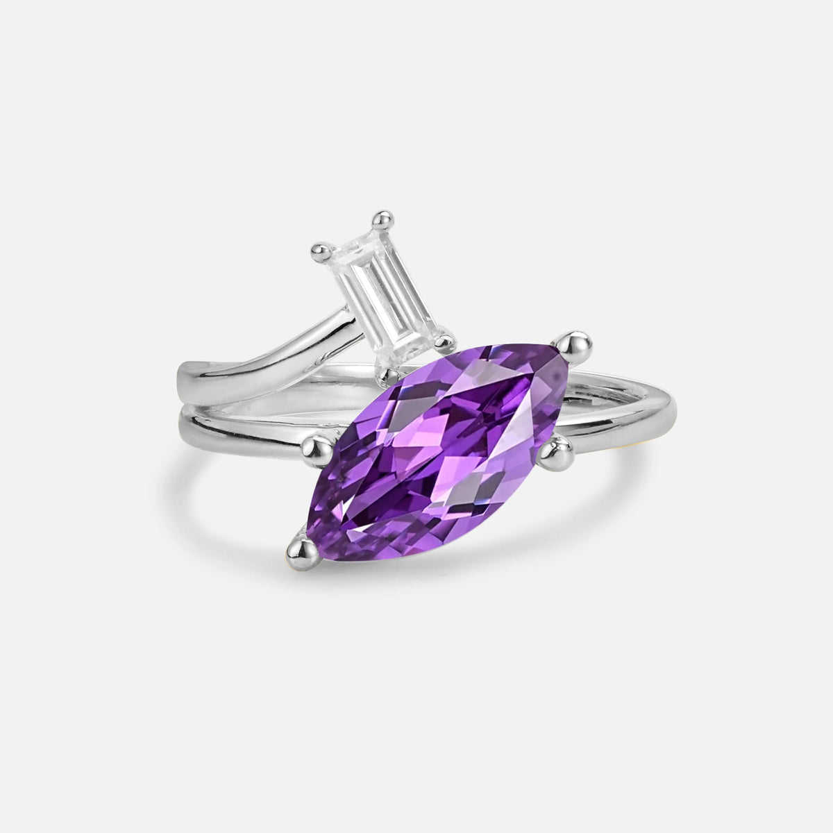 Marquise Cut Amethyst Engagement Ring with Baguette Side Stone - Additional view
