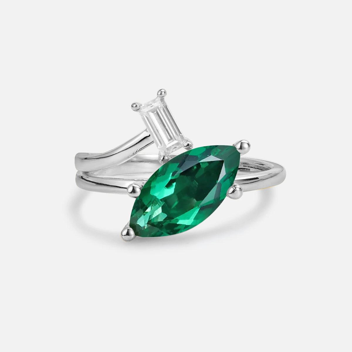 Marquise Cut Emerald Engagement Ring with Baguette Side Stone - Additional view