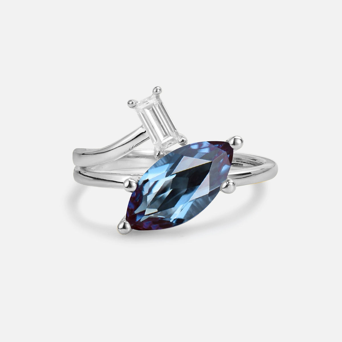 Marquise Cut Alexandrite Engagement Ring with Baguette Side Stone - Additional view