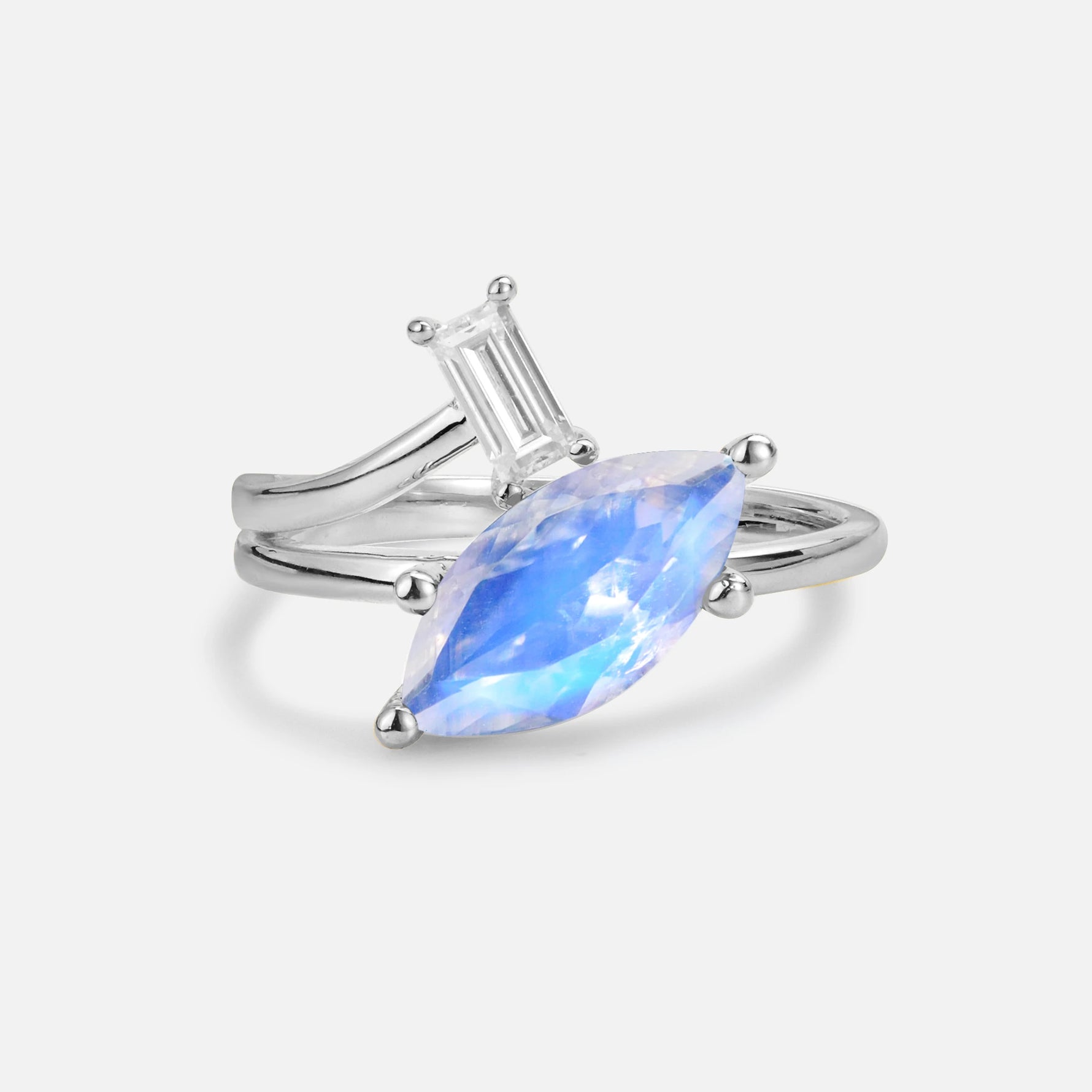 Marquise Cut Moonstone Engagement Ring with Baguette Side Stone - Additional view