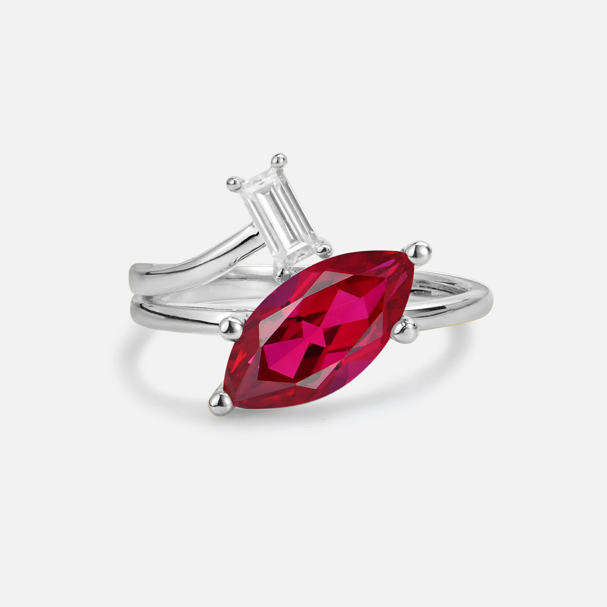 Marquise Cut Ruby Engagement Ring with Baguette Side Stone - Additional view