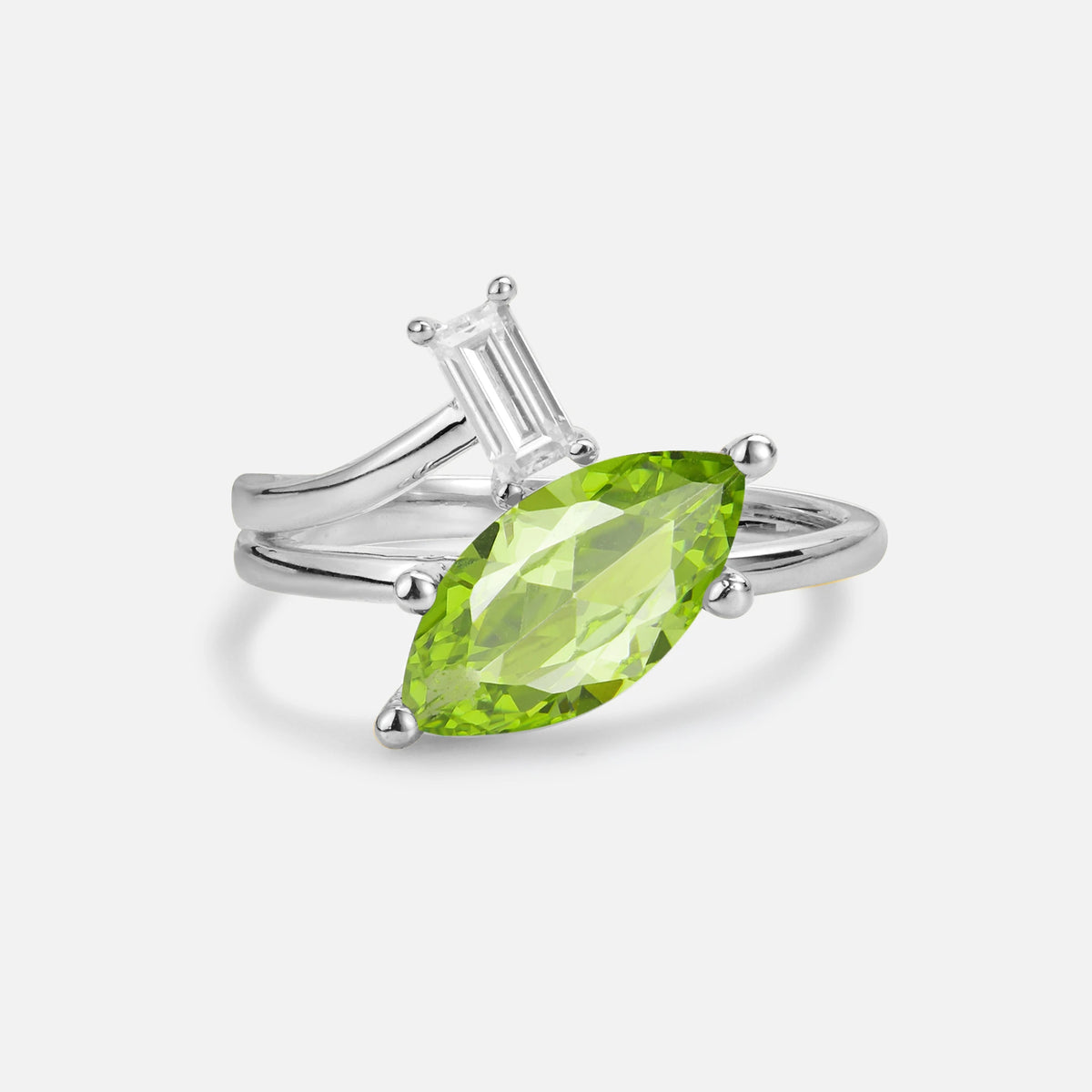 Marquise Cut Peridot Engagement Ring with Baguette Side Stone - Additional view