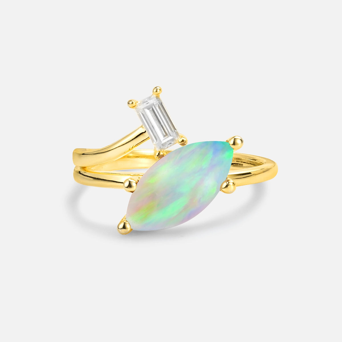 Marquise Cut Fire Opal Engagement Ring with Baguette Side Stone - Additional view