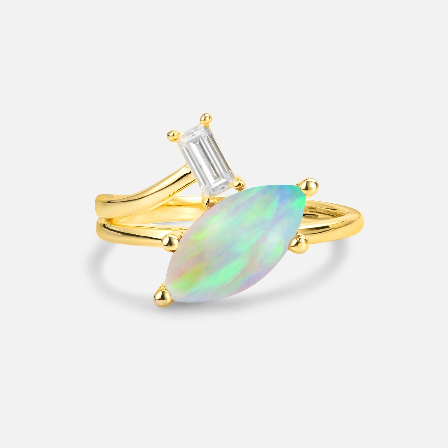 Marquise Cut Fire Opal Engagement Ring with Baguette Side Stone - Additional view