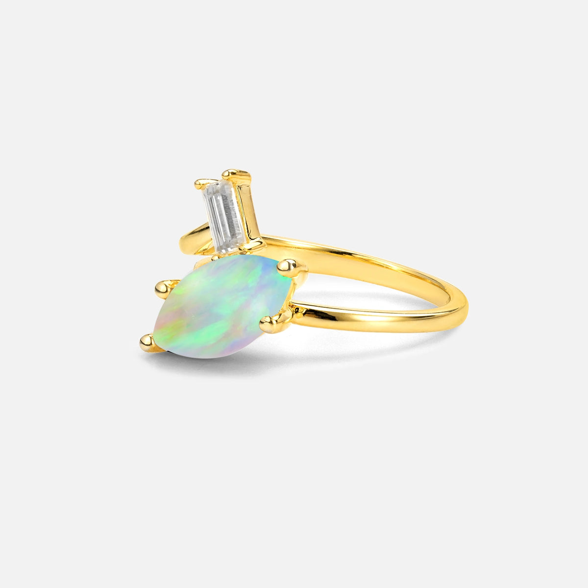 Marquise Cut Fire Opal Engagement Ring with Baguette Side Stone - Additional view