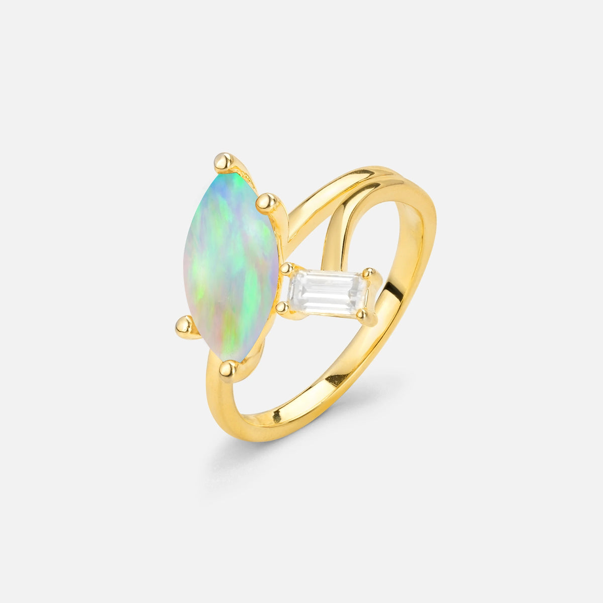 Marquise Cut Fire Opal Engagement Ring with Baguette Side Stone - Additional view