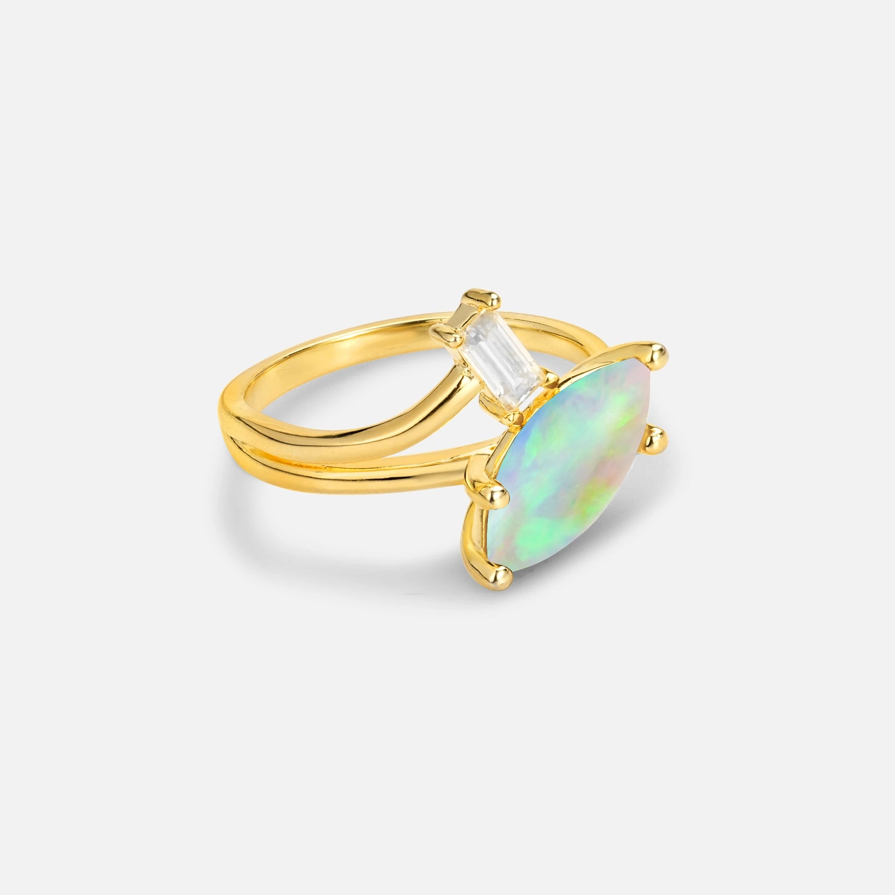 Marquise Cut Fire Opal Engagement Ring with Baguette Side Stone - Additional view