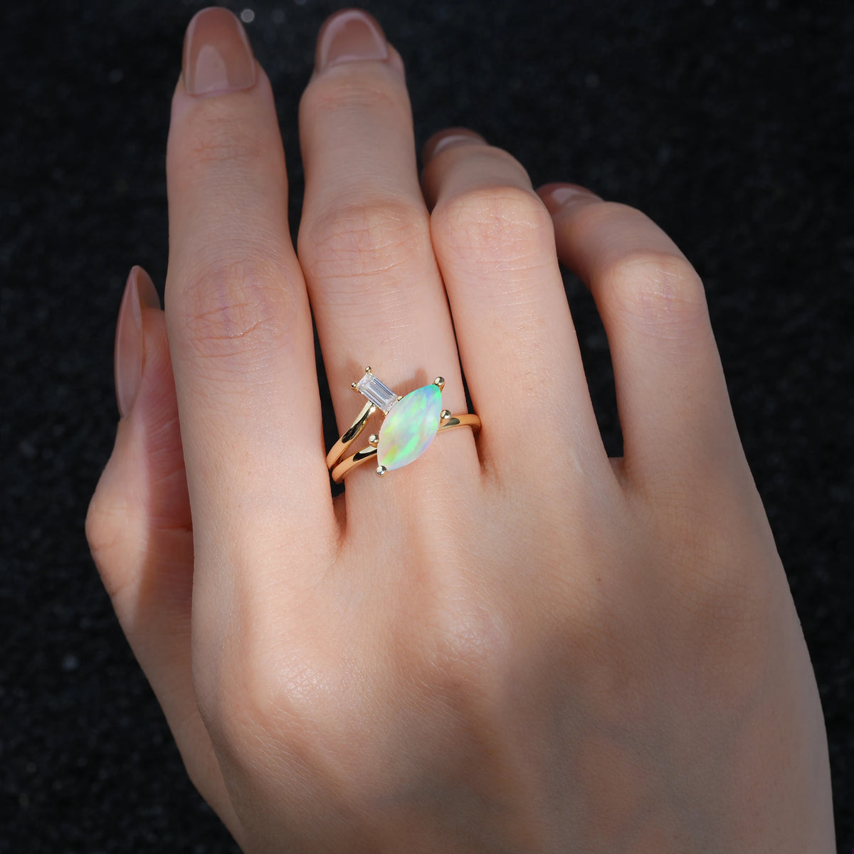 Marquise Cut Fire Opal Engagement Ring with Baguette Side Stone - Additional view