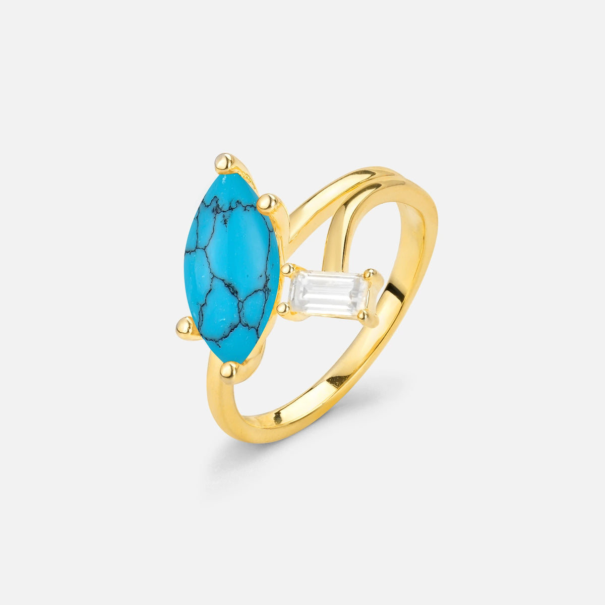 Marquise Cut Turquoise Engagement Ring with Baguette Side Stone - Additional view