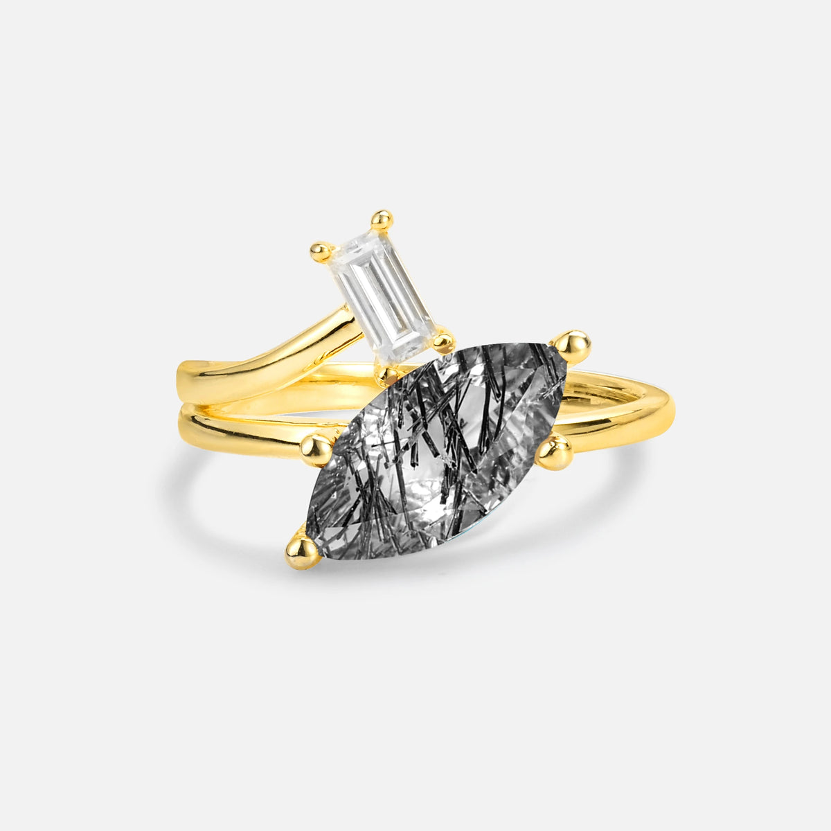 Marquise Cut Black Rutilated Quartz Engagement Ring with Baguette Side Stone - Additional view