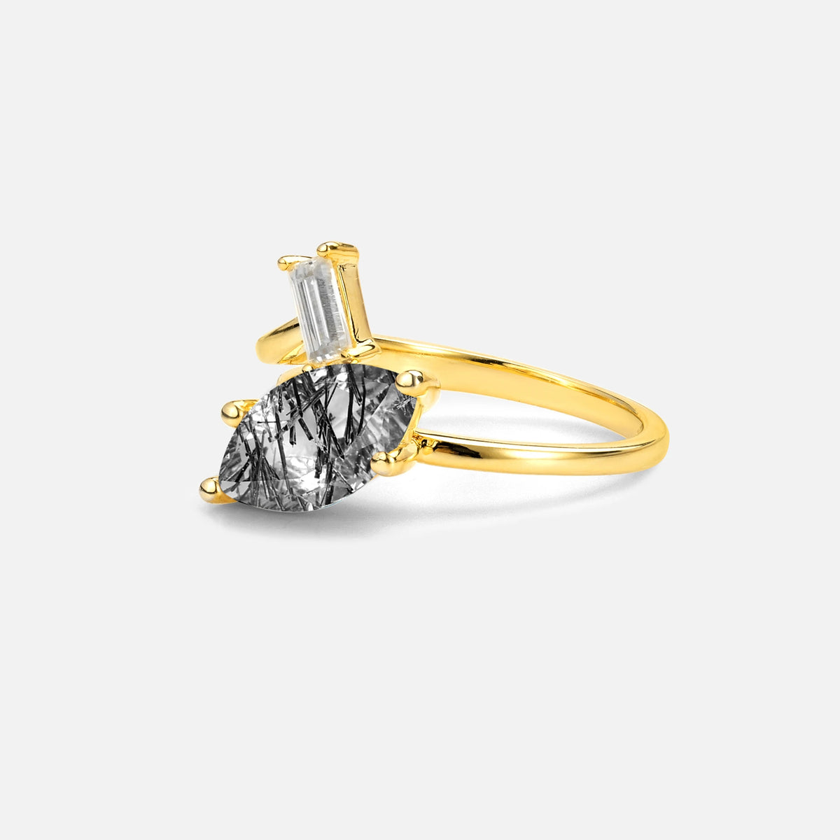 Marquise Cut Black Rutilated Quartz Engagement Ring with Baguette Side Stone - Additional view