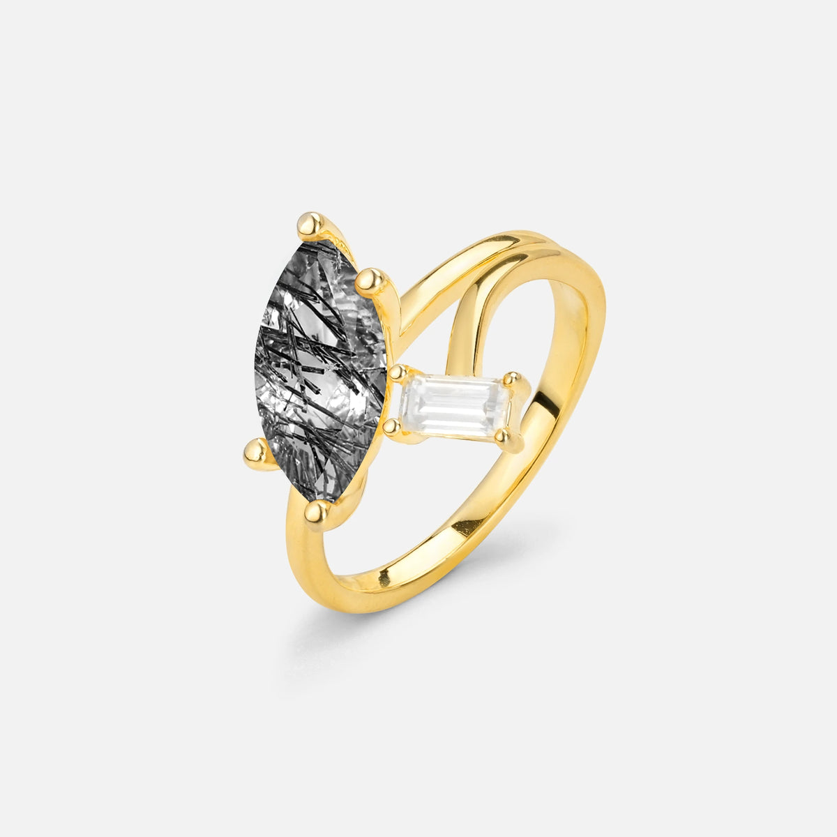 Marquise Cut Black Rutilated Quartz Engagement Ring with Baguette Side Stone - Additional view