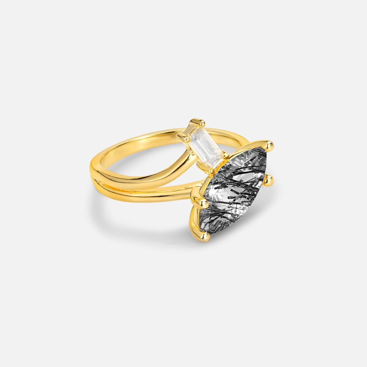 Marquise Cut Black Rutilated Quartz Engagement Ring with Baguette Side Stone - Additional view