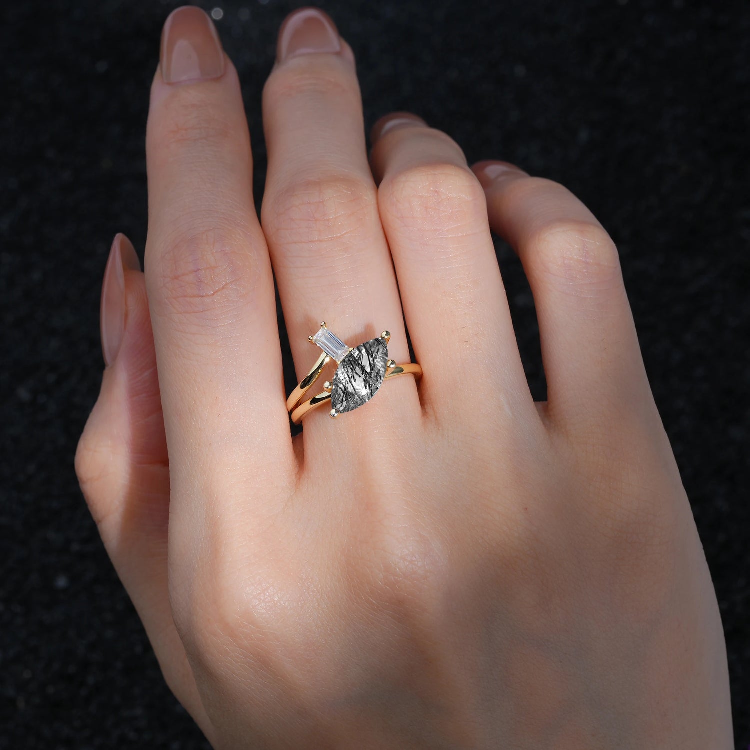 Marquise Cut Black Rutilated Quartz Engagement Ring with Baguette Side Stone - Additional view