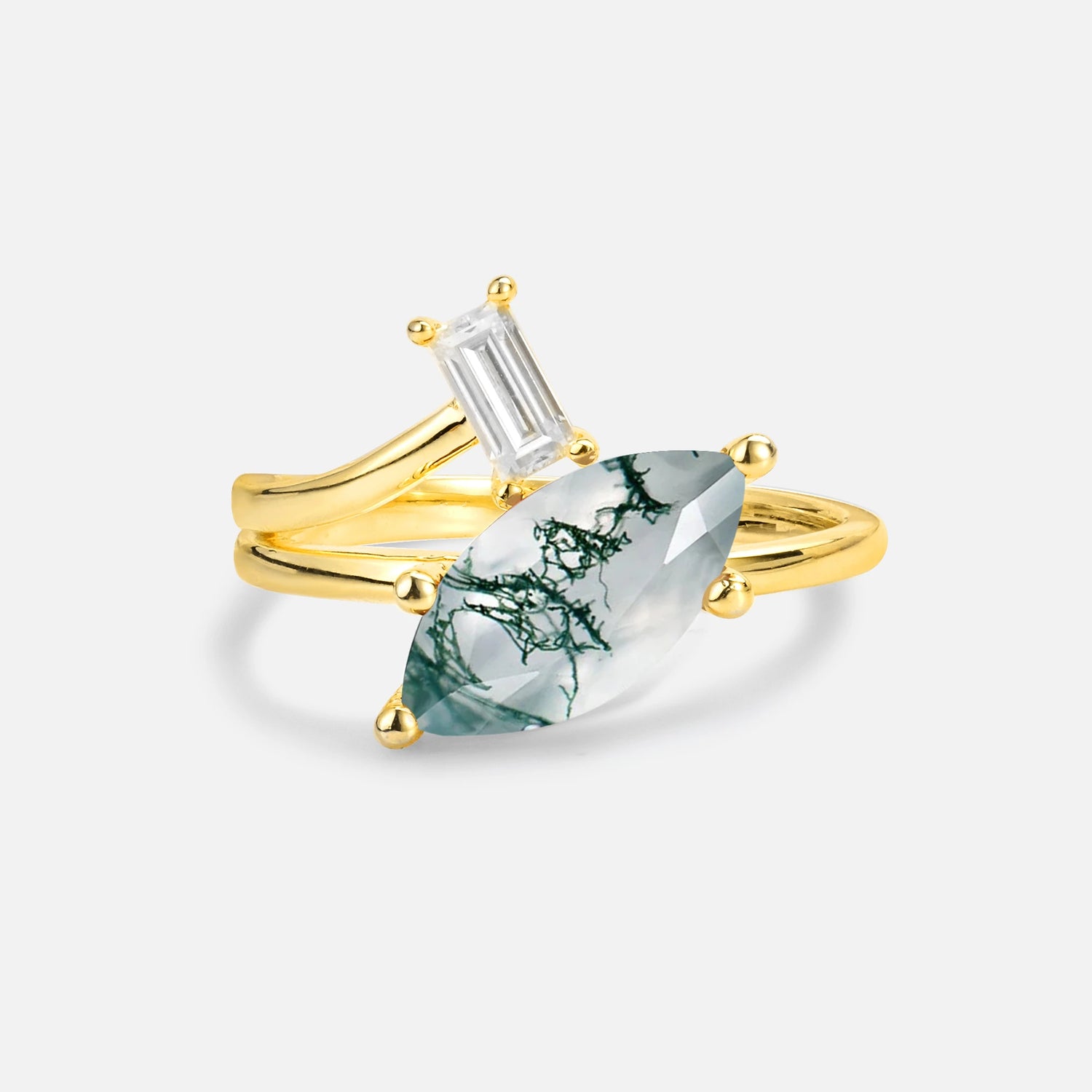 Marquise Cut Moss Agate Engagement Ring with Baguette Side Stone - Additional view