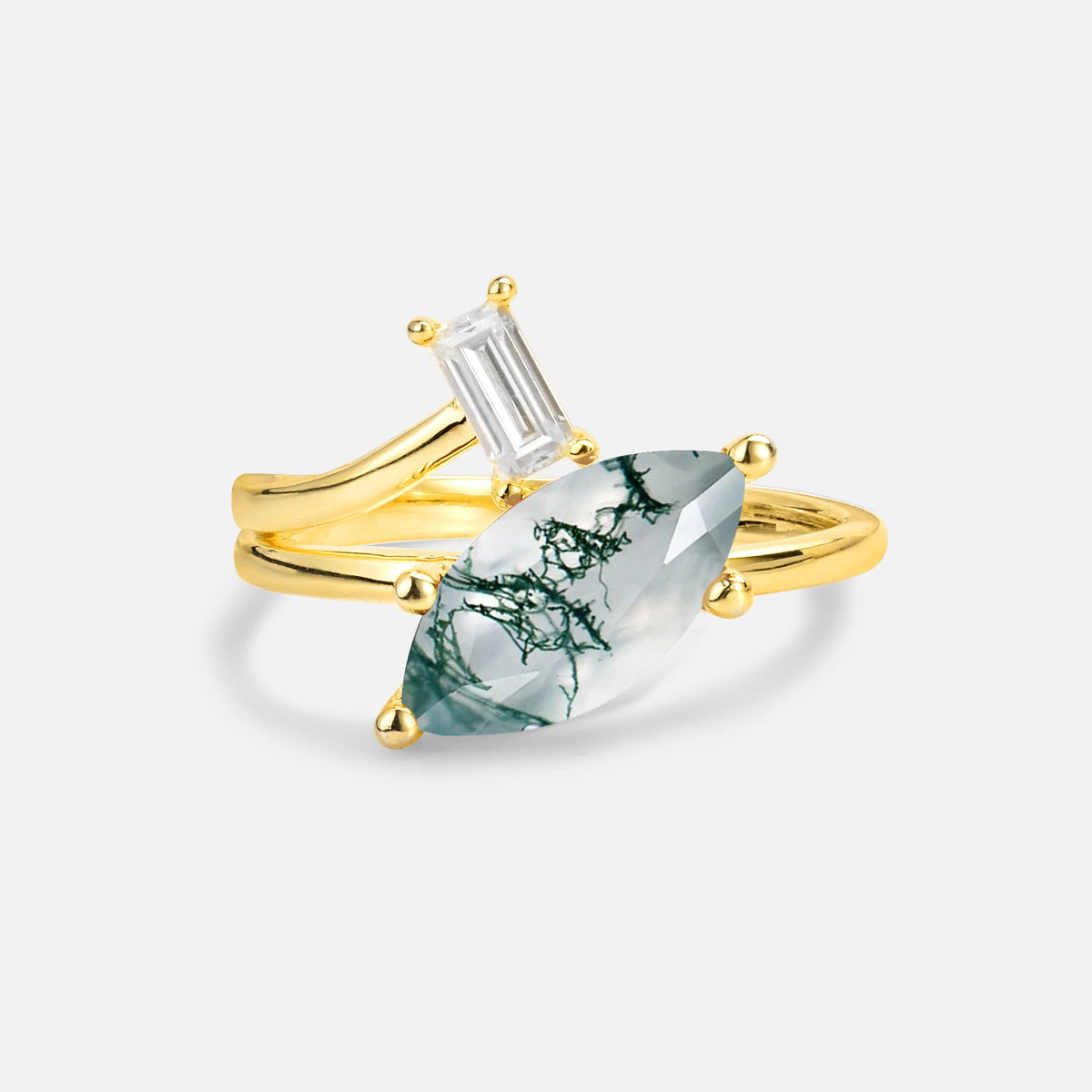Marquise Cut Moss Agate Engagement Ring with Baguette Side Stone - Additional view